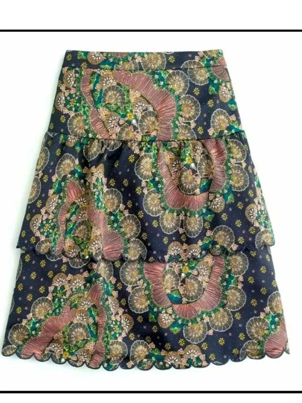 J. Crew Point Sur Tiered Scalloped Hem Midi Skirt in Paisley Satin Crepe Size 12